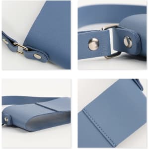 A drink bottle holder in a light blue leather design, featuring metal fasteners and a shoulder strap.