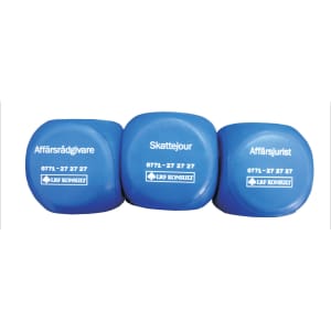 A blue cube-shaped stress reliever with rounded edges and a logo on it.