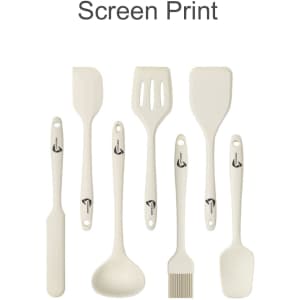 A silicone kitchenware set in cream, featuring various tools including a spatula, spoon, and ladle, with a logo.