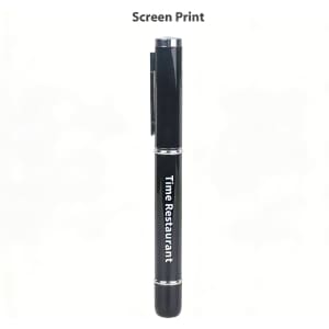 A black USB memory pen with a silver clip and screen print branding.