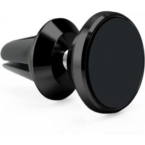 A rotatable black clip-on car phone holder with a circular magnetic mount for easy attachment.