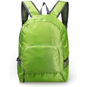 A green backpack with mesh accents, featuring adjustable straps and a front pocket, along with a logo on the front.