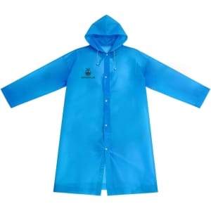A blue reusable PEVA raincoat with a hood and long sleeves, featuring a branded logo on the front.