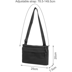 A black lightweight crossbody bag with an adjustable strap and multiple compartments. Includes a logo.