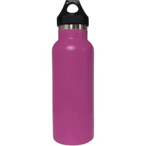 A drink bottle in vibrant pink with a black lid and a logo, featuring a double wall vacuum design.