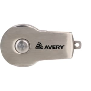 A silver flash drive with a circular design, featuring a branding logo on the surface.