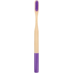 A large bamboo toothbrush with a round handle featuring a purple base and soft bristles. It includes a logo on the handle.