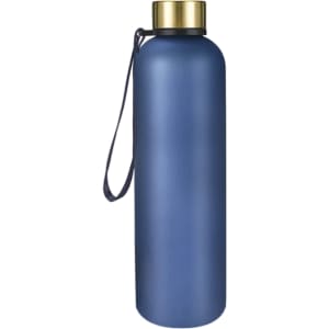 A drink bottle in matte navy blue with a gold lid and a strap. The bottle is made of BPA-free Tritan material and features a logo.