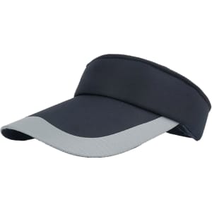 A navy blue sun visor with a grey peak and a wide band for comfort, featuring a logo on the side.
