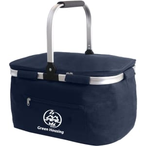 A navy picnic cooler basket with an aluminium handle and a front zipper pocket, featuring a logo on the side.