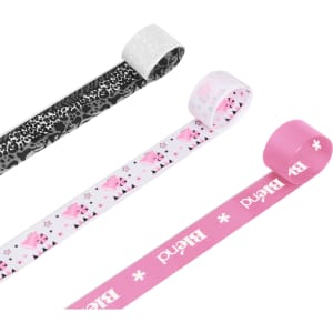 Three 22mm wide ribbed fabric ribbons in black, white, and pink, featuring various patterns and a logo.