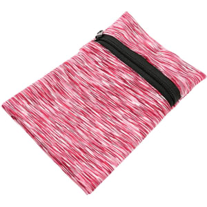 A pink and white patterned mini wearable wallet with a black zip. Features a logo on the surface.