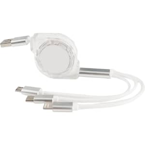 A retractable charging cable in clear and silver, featuring multiple connectors for various devices.