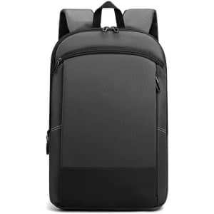 A black expandable laptop backpack with padded shoulder straps and a front zipper pocket, featuring a logo.