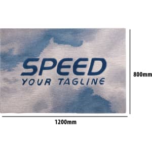 Acrylic fibre logo mat in shades of blue and grey, featuring a branded logo, with specific dimensions indicated.