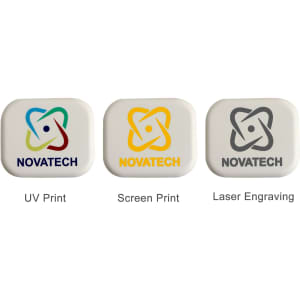Three rectangular power bank prototypes in white, showcasing different branding techniques: UV print, screen print, and laser engraving.