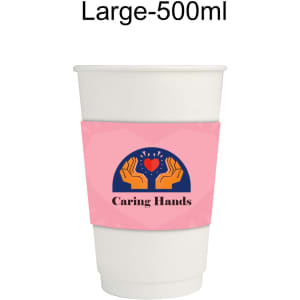 A large, white paper cup with a pink sleeve featuring a design of hands and a heart. Contains promotional branding.