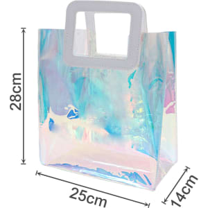 An iridescent rainbow PVC bag with a transparent handle, featuring a shimmering multi-coloured surface. Dimensions: 28cm x 25cm.