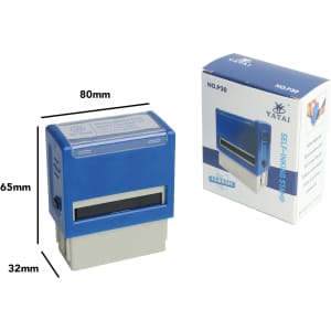 A blue self-inking rubber stamp next to its packaging, showcasing dimensions and design.