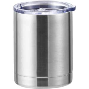 A drink bottle with a stainless steel finish, double wall insulation, and a clear plastic lid. Features a logo.