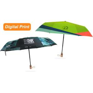 A triple folding RPET umbrella in vibrant green and black with a logo and digital print design.