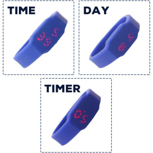 A silicone blue watch flash drive featuring three display modes: time, day, and timer. It has a digital interface.
