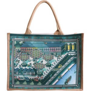 A jute and canvas tote bag featuring a colourful design of a waterfront scene with boats and buildings.