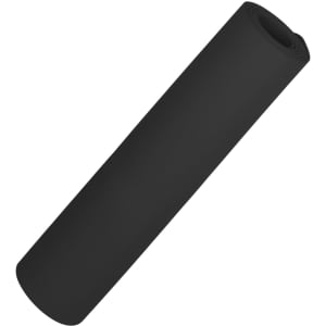 A rolled black Premium TPE yoga mat, featuring a smooth surface and a subtle logo design.