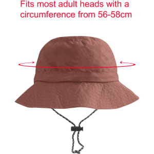 A foldable bucket hat in a warm terracotta colour, featuring a chin strap and a branding logo.