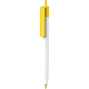 A push button pen with a creamy white barrel and a yellow clip, featuring a logo.