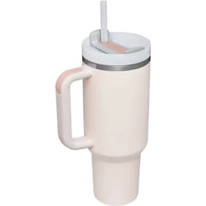 A drink bottle in cream with a grey lid and straw, featuring a handle and a logo.