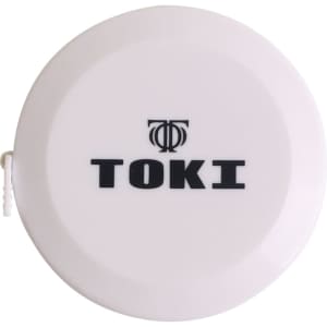 A round white tape measure with a black logo and a measuring length of 1.5 metres.