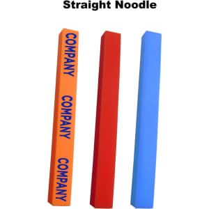 Three straight noodle-shaped promotional products in orange, red, and blue, featuring a company logo.