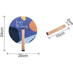 A round wooden paper fan featuring a colourful design with a wooden handle, dimensions specified.