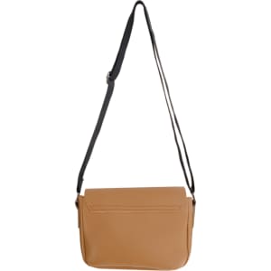 A tan polyurethane shoulder bag with a black adjustable strap and a front flap. It features a simple design and a logo.