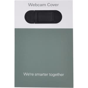 A tablet webcam cover in green with a black sliding mechanism, featuring a logo and promotional text.