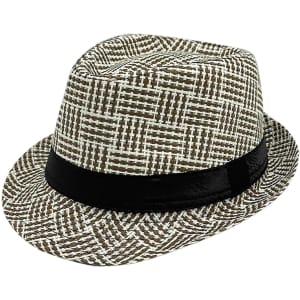A breathable woven straw hat in brown and white with a black band around the base. It features a patterned design.