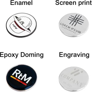 A round assortment of promotional product options in various finishes: enamel, screen print, epoxy doming, and engraving.