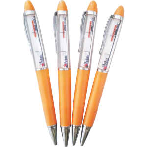 Four orange pens with transparent grips and silver tips, featuring a logo.