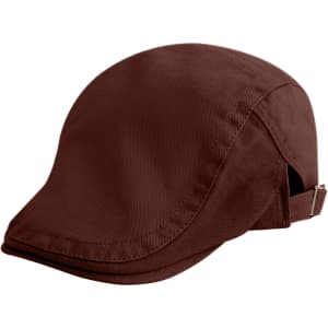 A brown beret hat with a fitted design and adjustable strap at the back. It has a subtle branding logo.