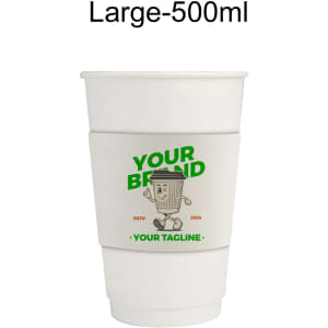 A white double wall compostable paper cup with a matching sleeve featuring a logo and branding elements.