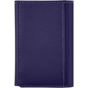 A purple PU magnetic wallet with stitching details and a simple design. It features a logo.