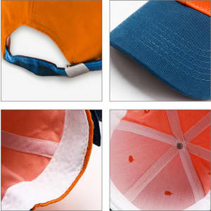 A 6 panel adjustable baseball cap featuring blue and orange colours, with visible stitching and an internal lining.