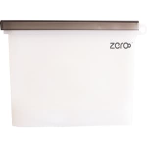 A silicone reusable storage pouch in transparent white with a brown lid, featuring a brand logo.