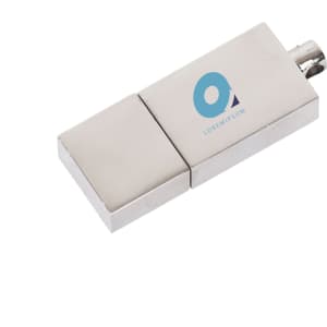 A metallic silver flash drive with a logo on its surface, featuring a sleek design.