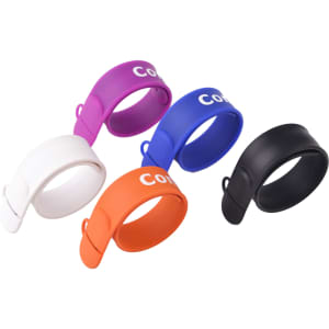 A set of four silicone slap band flash drives in white, purple, blue, orange, and black, featuring a logo.
