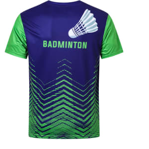 A unisex adults T-shirt in blue and green with a badminton design and a logo on the back.