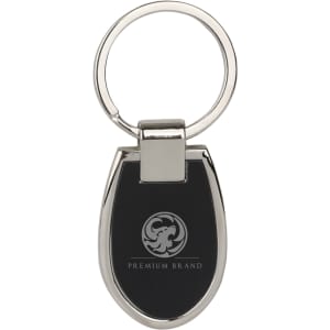 A sleek silver keyring featuring a black oval tag with a logo.