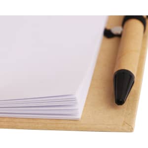 A memo pad with white pages and a brown cover, accompanied by a black ballpoint pen.
