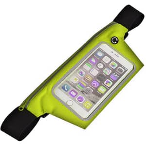 A bright green waist bag designed to hold a phone, featuring a clear front panel and adjustable straps.